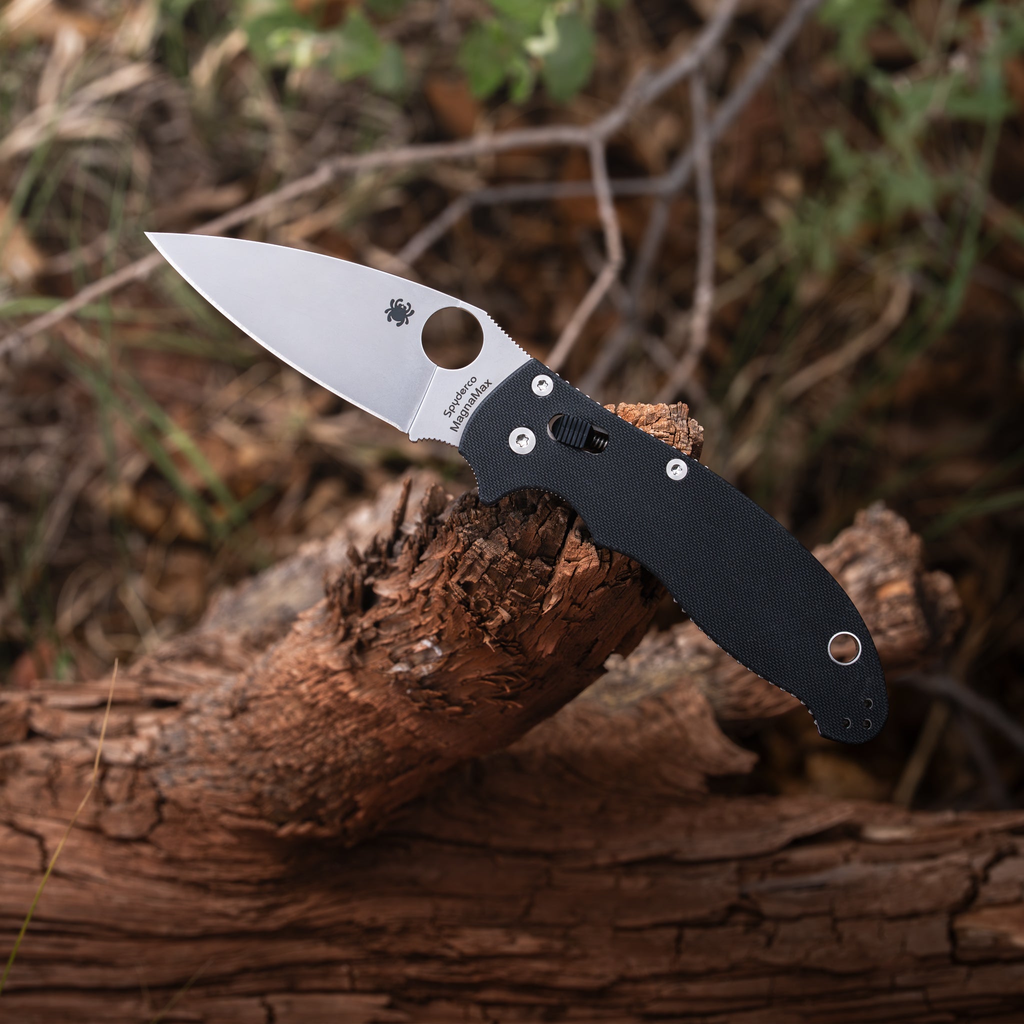 A Manix 2 pocket knife pictured on a broken tree branch.